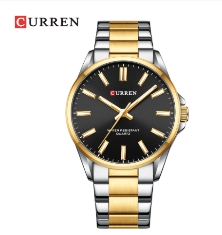 Montre Curren en métal deux tons or et argent, fond noir, pour hommes.